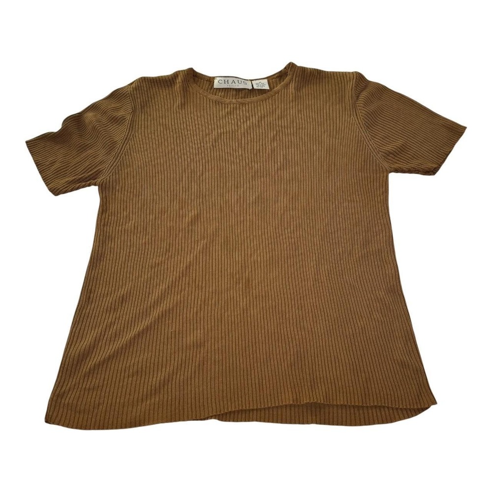 Chaus Petite 100% Silk Ribbed Knit Top Brown Women's Medium Short Sleeve Y2K